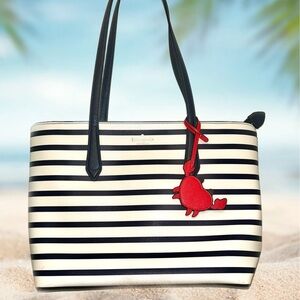 Kate Spade Blue and White Striped Marlee Tote with Crab Hanging Charm
